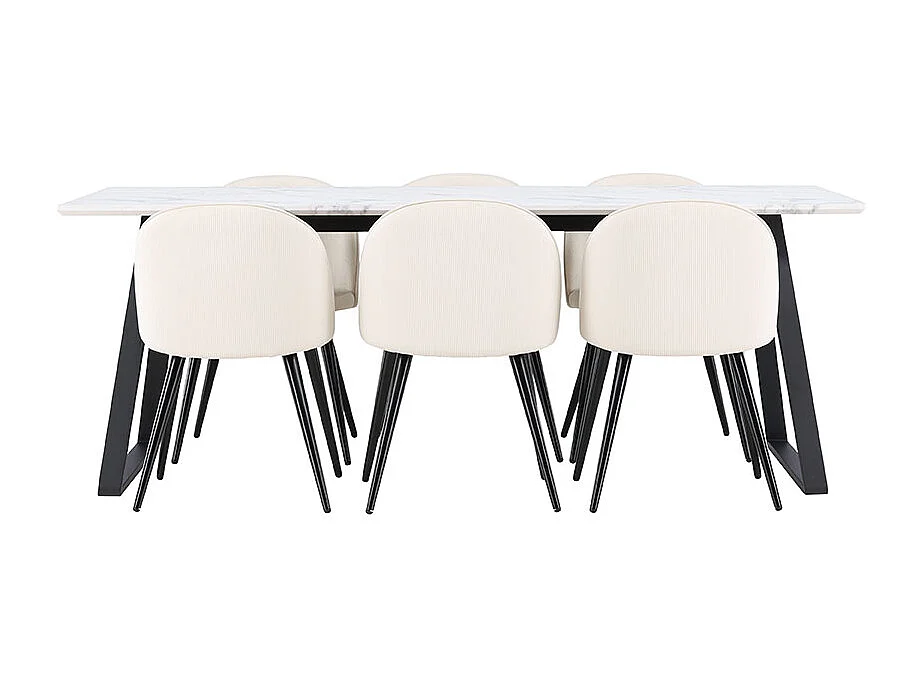 Malaga ensemble pour salle à manger table de salle à manger 90x200cm blanc et 6 Skagen chaise velours côtelé beige.