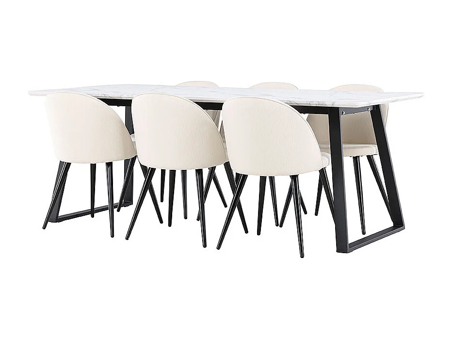Malaga ensemble pour salle à manger table de salle à manger 90x200cm blanc et 6 Skagen chaise velours côtelé beige.