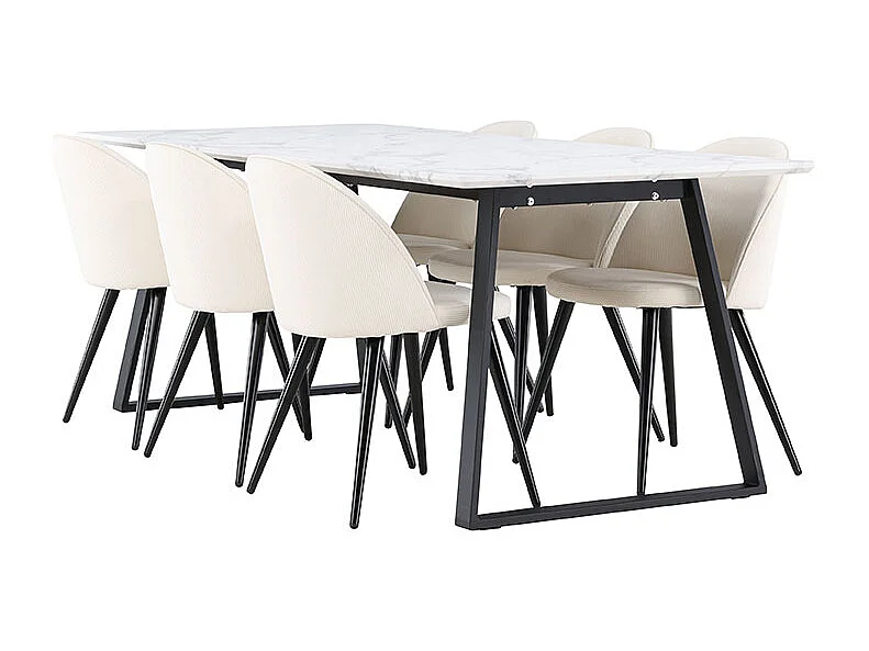Malaga ensemble pour salle à manger table de salle à manger 90x200cm blanc et 6 Skagen chaise velours côtelé beige.