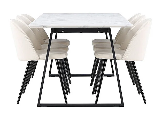 Malaga ensemble pour salle à manger table de salle à manger 90x200cm blanc et 6 Skagen chaise velours côtelé beige.