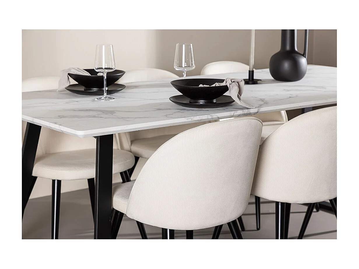 Malaga ensemble pour salle à manger table de salle à manger 90x200cm blanc et 6 Skagen chaise velours côtelé beige.