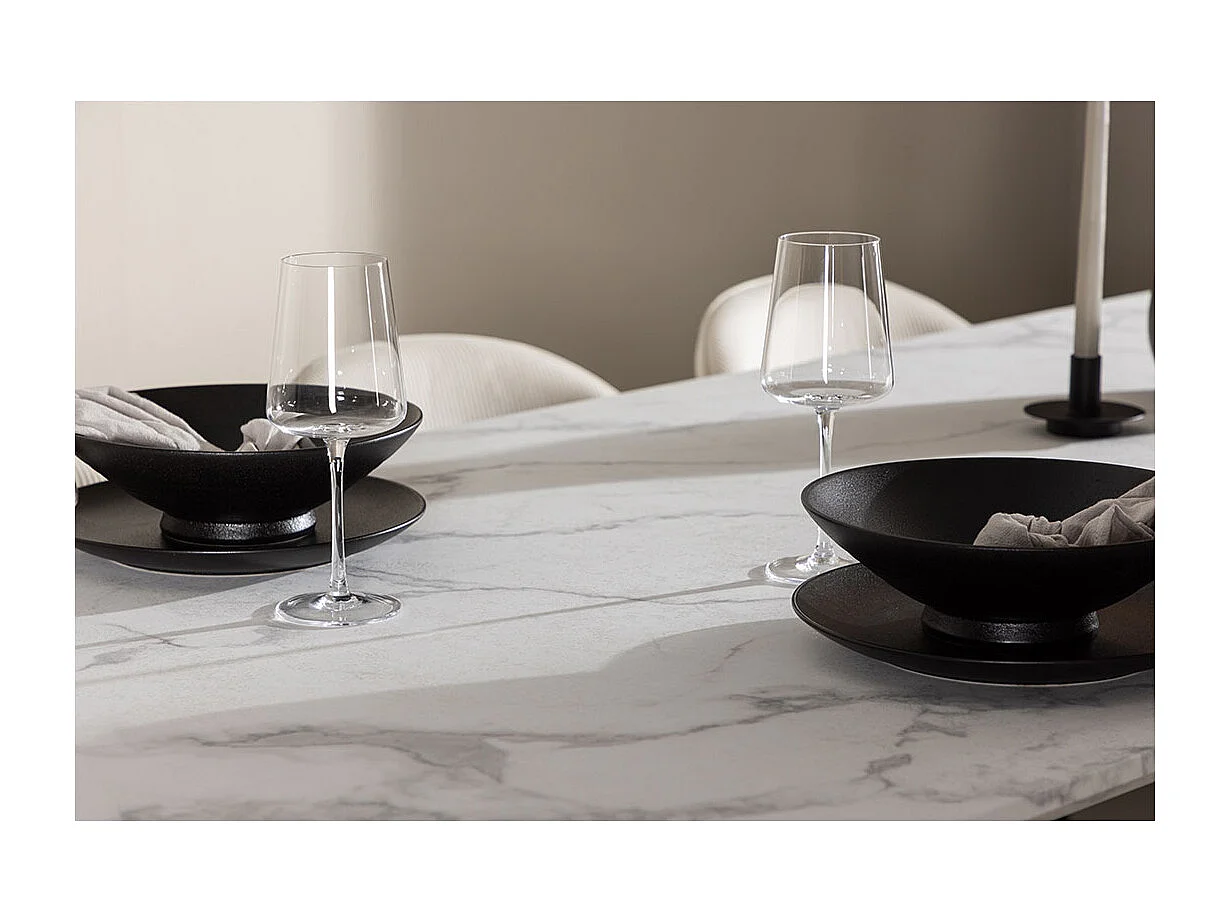 Malaga ensemble pour salle à manger table de salle à manger 90x200cm blanc et 6 Skagen chaise velours côtelé beige.