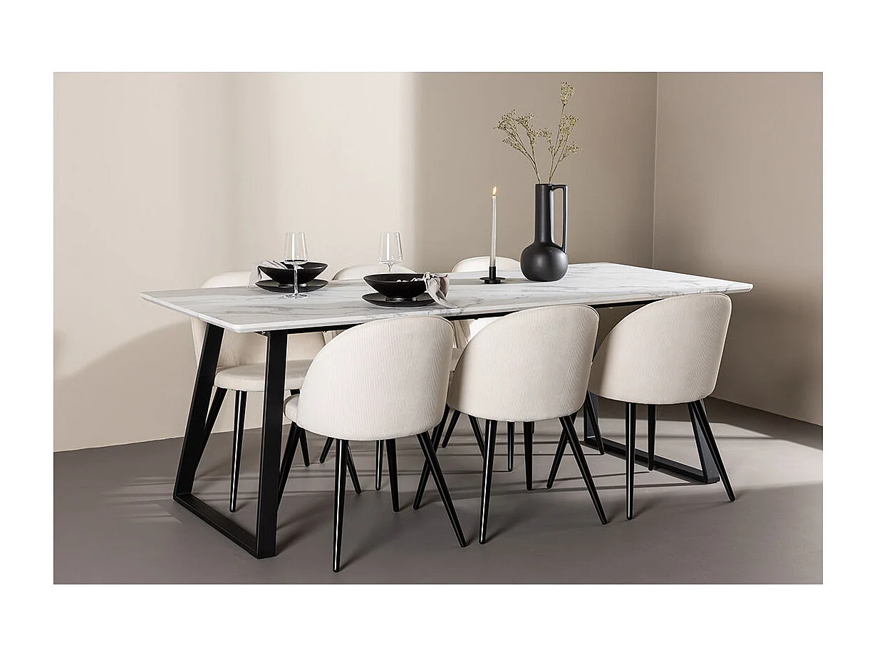 Malaga ensemble pour salle à manger table de salle à manger 90x200cm blanc et 6 Skagen chaise velours côtelé beige.