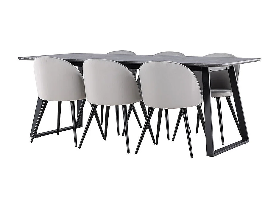 Malaga ensemble pour salle à manger table de salle à manger 90x200cm gris foncé et 6 Skagen chaise velours gris.