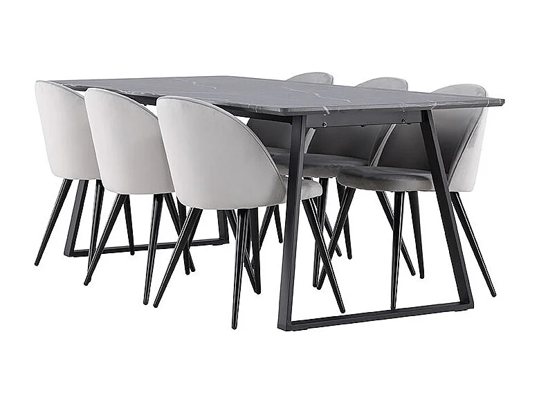Malaga ensemble pour salle à manger table de salle à manger 90x200cm gris foncé et 6 Skagen chaise velours gris.