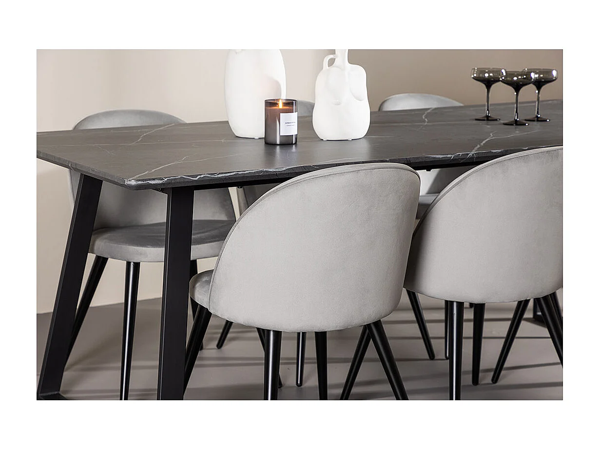 Malaga ensemble pour salle à manger table de salle à manger 90x200cm gris foncé et 6 Skagen chaise velours gris.