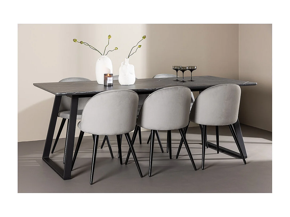 Malaga ensemble pour salle à manger table de salle à manger 90x200cm gris foncé et 6 Skagen chaise velours gris.