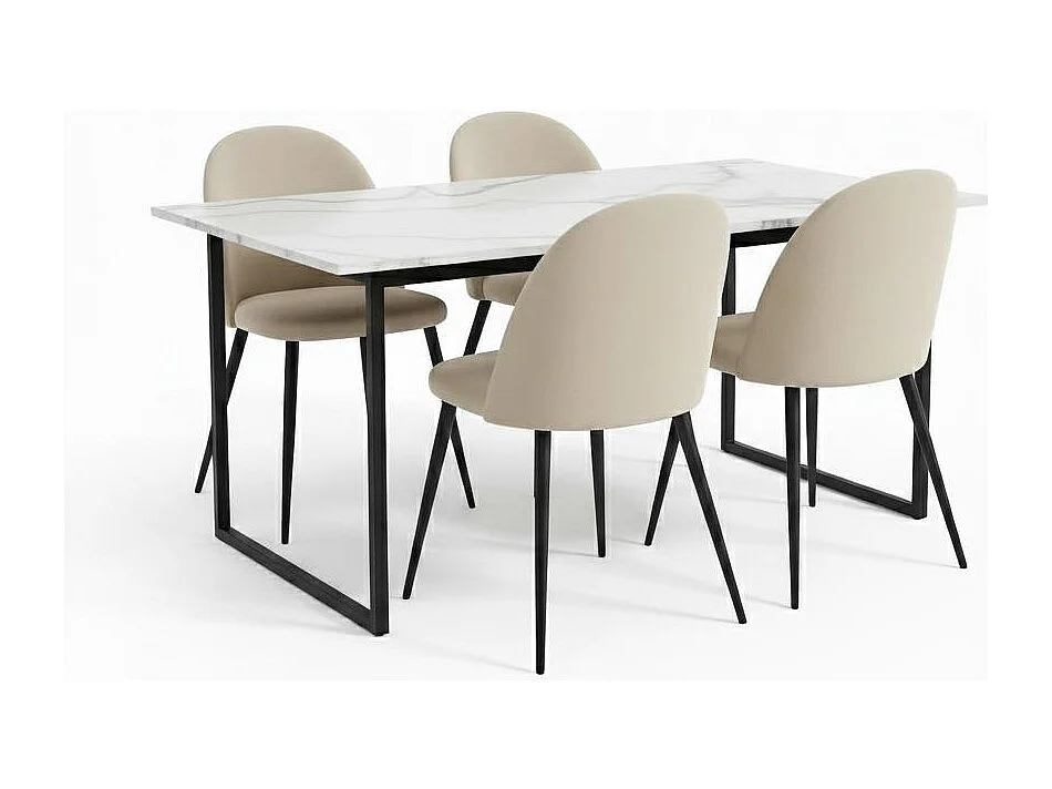 Tilst ensemble pour salle à manger table à manger impression marbre blanc 90x160 4 chaises velours beige.