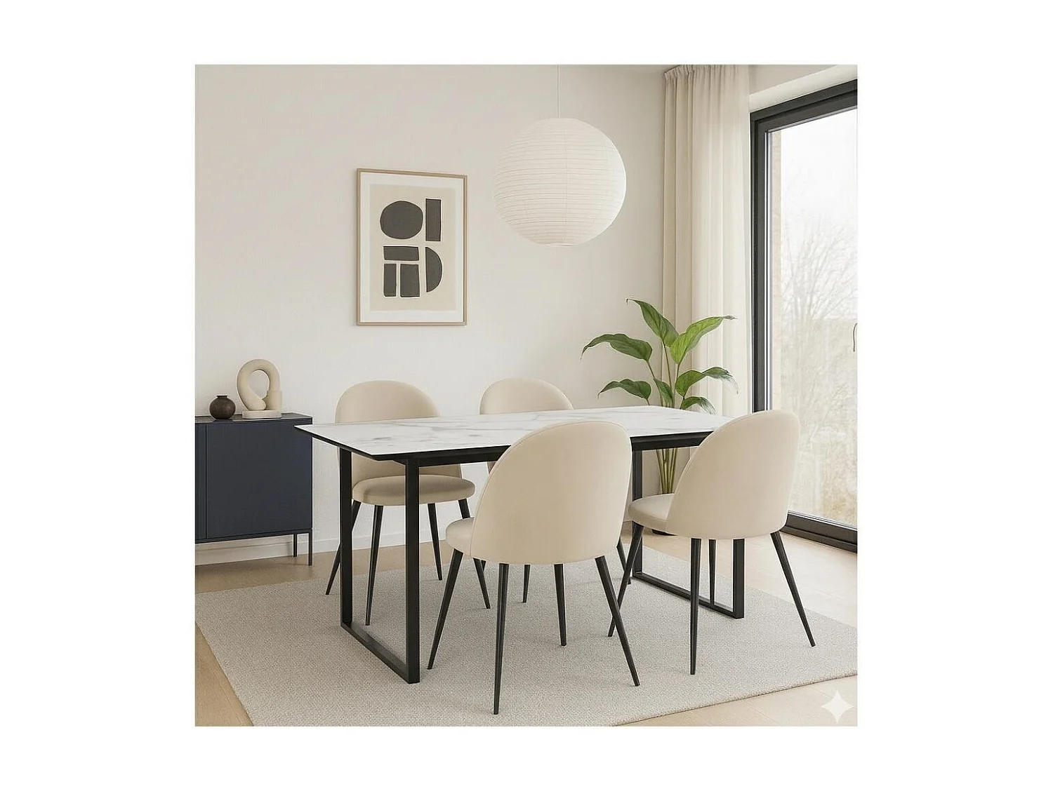Tilst ensemble pour salle à manger table à manger impression marbre blanc 90x160 4 chaises velours beige.