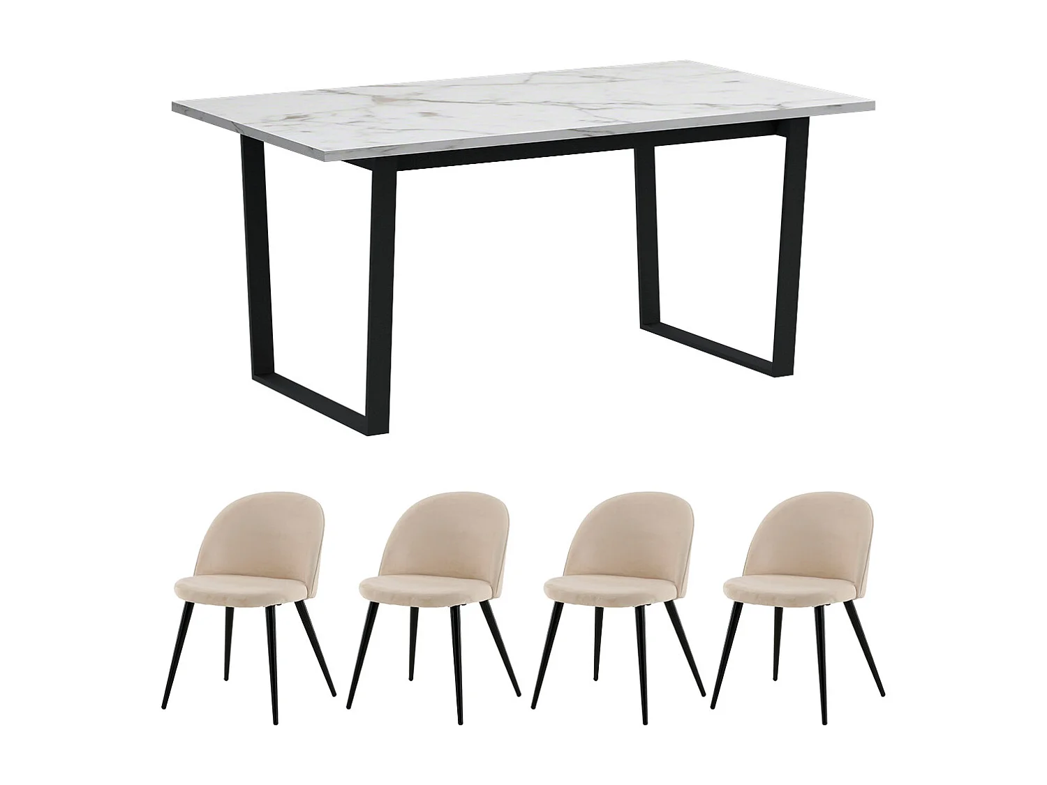 Tilst ensemble pour salle à manger table à manger impression marbre blanc 90x160 4 chaises velours beige.