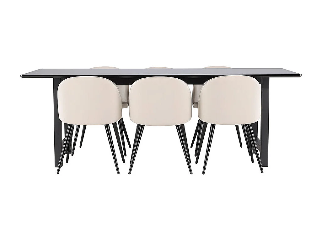 Oslo ensemble pour salle à manger table de salle à manger 100x220cm noir et 6 Skagen chaise velours beige.