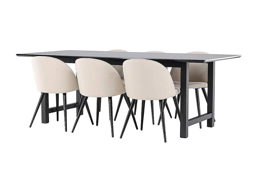 Oslo ensemble pour salle à manger table de salle à manger 100x220cm noir et 6 Skagen chaise velours beige.