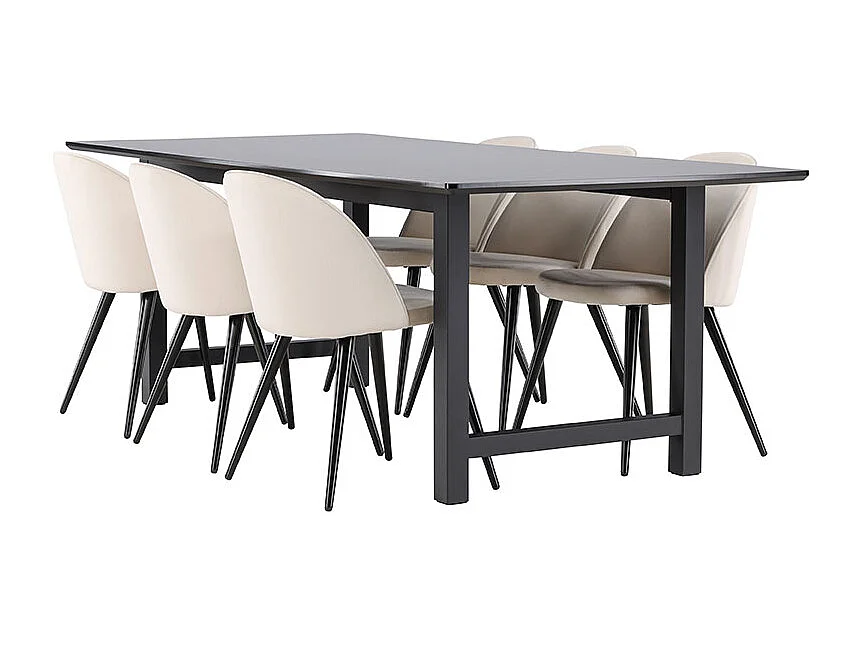 Oslo ensemble pour salle à manger table de salle à manger 100x220cm noir et 6 Skagen chaise velours beige.