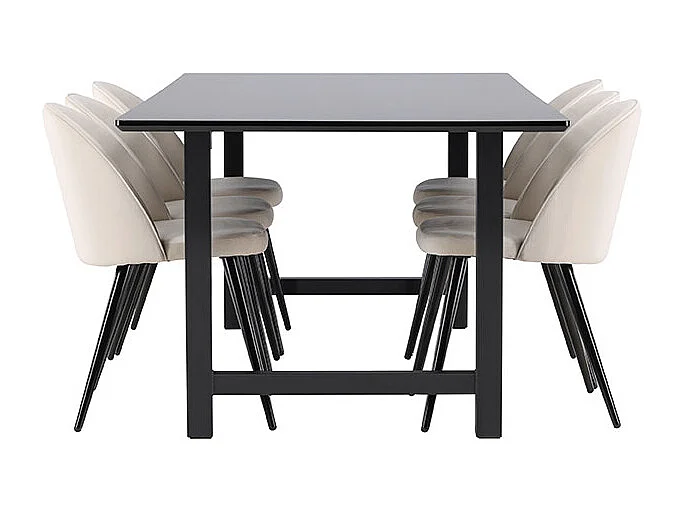 Oslo ensemble pour salle à manger table de salle à manger 100x220cm noir et 6 Skagen chaise velours beige.