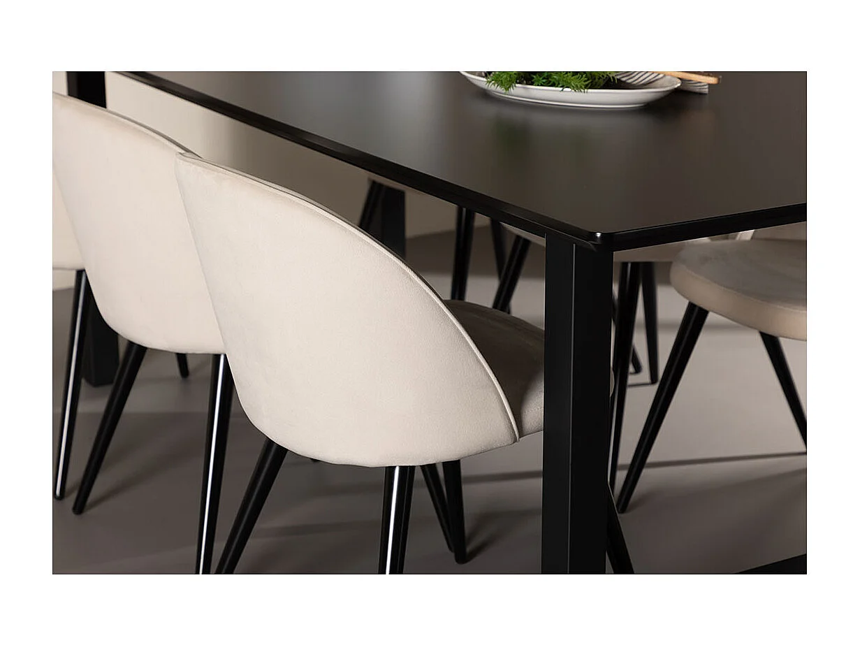 Oslo ensemble pour salle à manger table de salle à manger 100x220cm noir et 6 Skagen chaise velours beige.