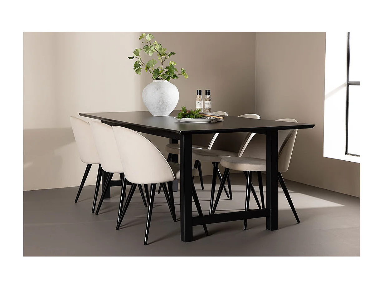 Oslo ensemble pour salle à manger table de salle à manger 100x220cm noir et 6 Skagen chaise velours beige.
