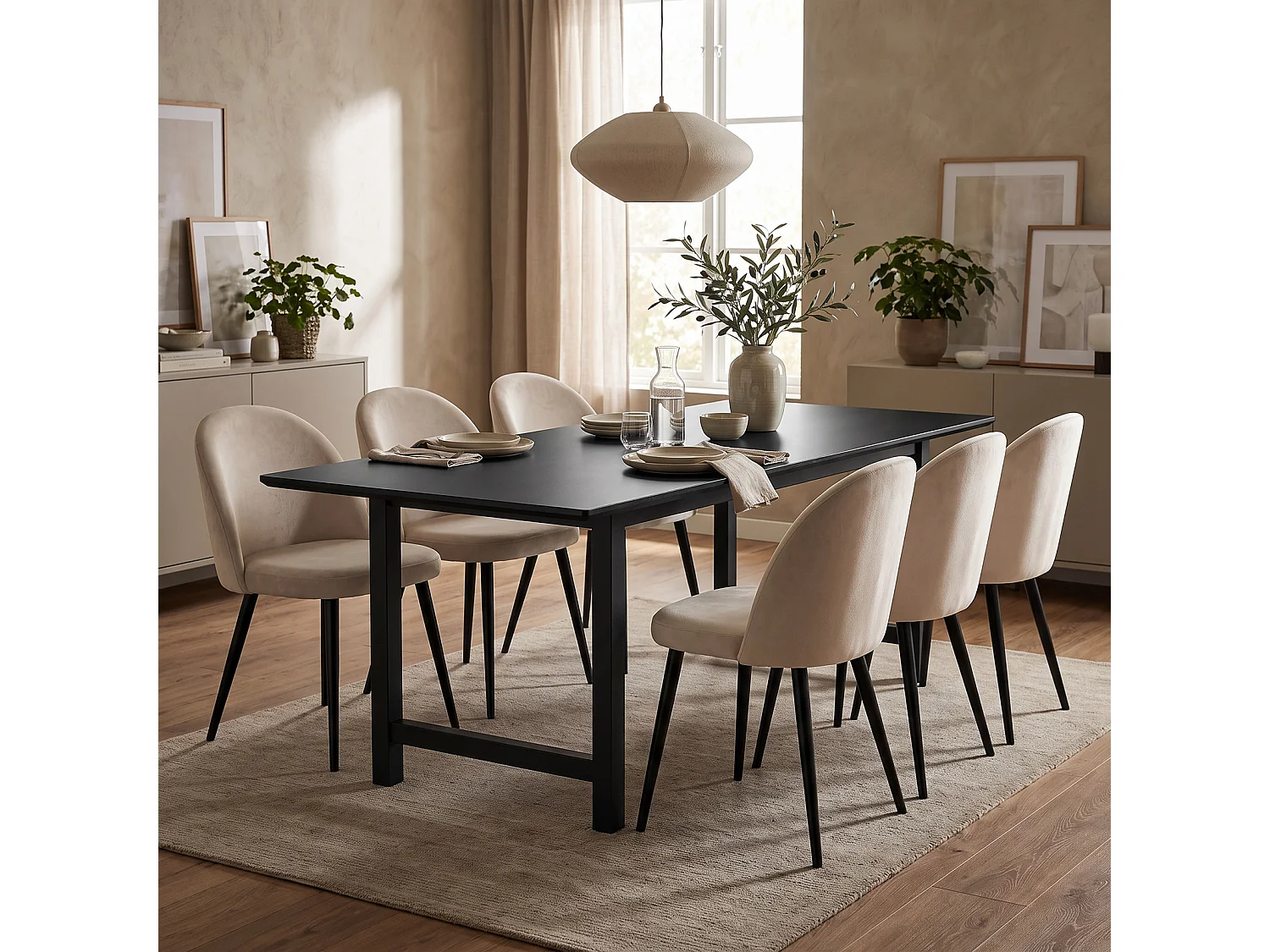 Oslo Essgruppe Esstisch 100x220cm schwarz und 6 Skagen Stuhl velour beige.