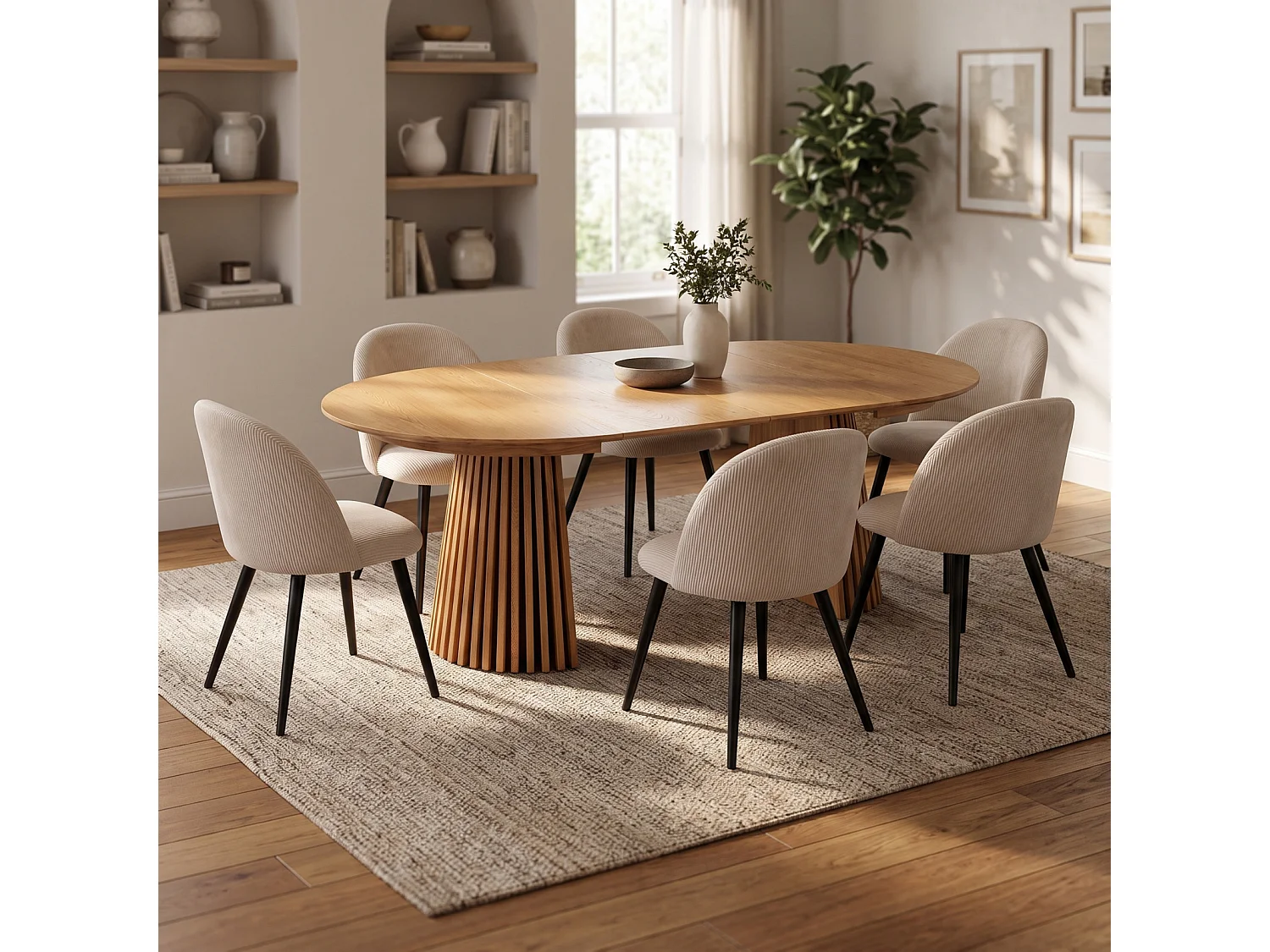 Tokyo ensemble de table à manger table à manger naturel, 6 chaises en velours côtelé beige.