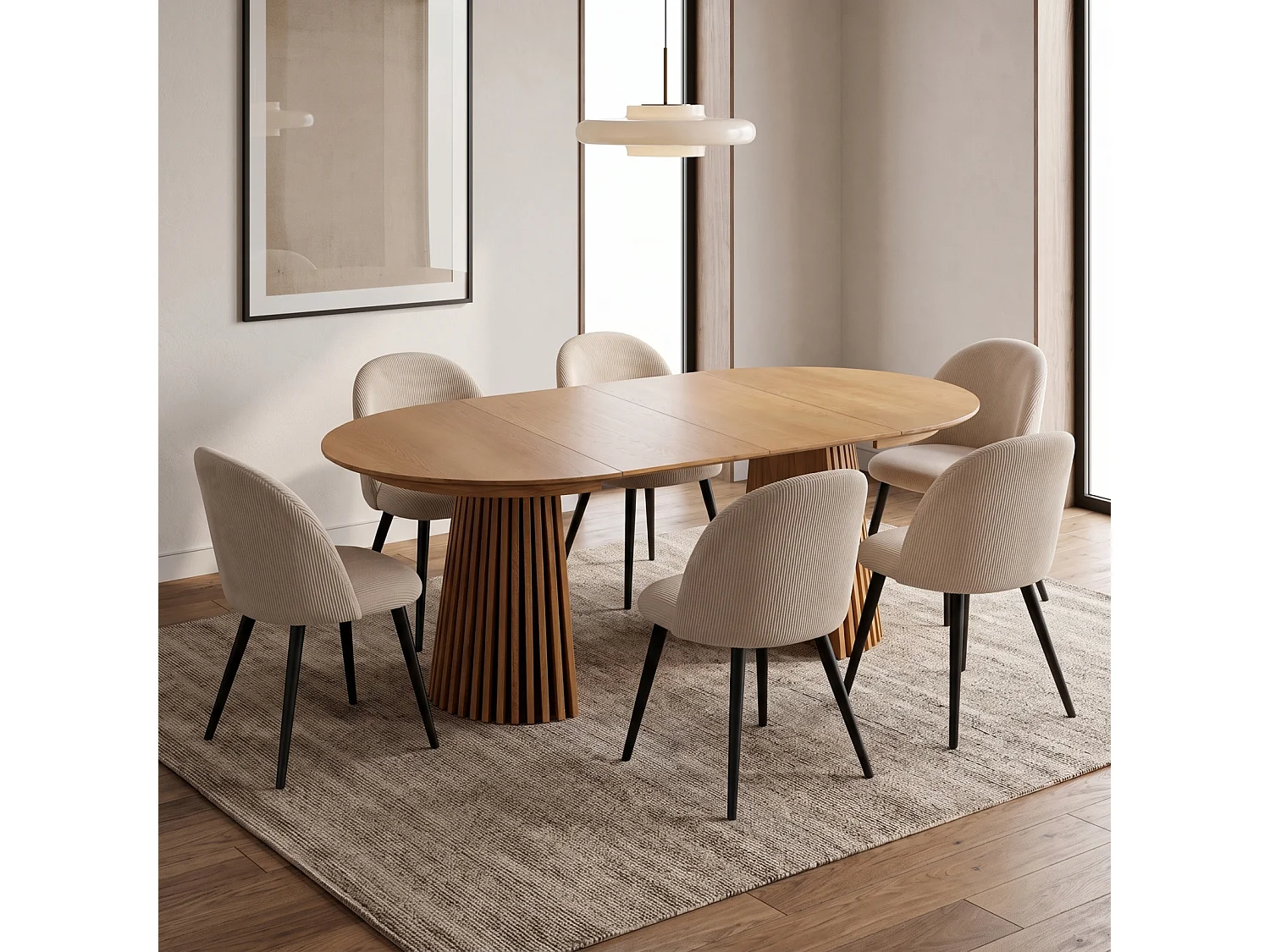 Tokyo ensemble de table à manger table à manger naturel, 6 chaises en velours côtelé beige.