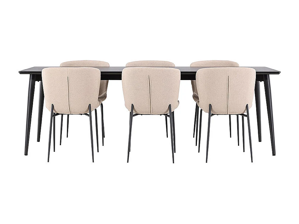 Ellis ensemble pour salle à manger table 85x230cm et 6 chaises bouclé noir.