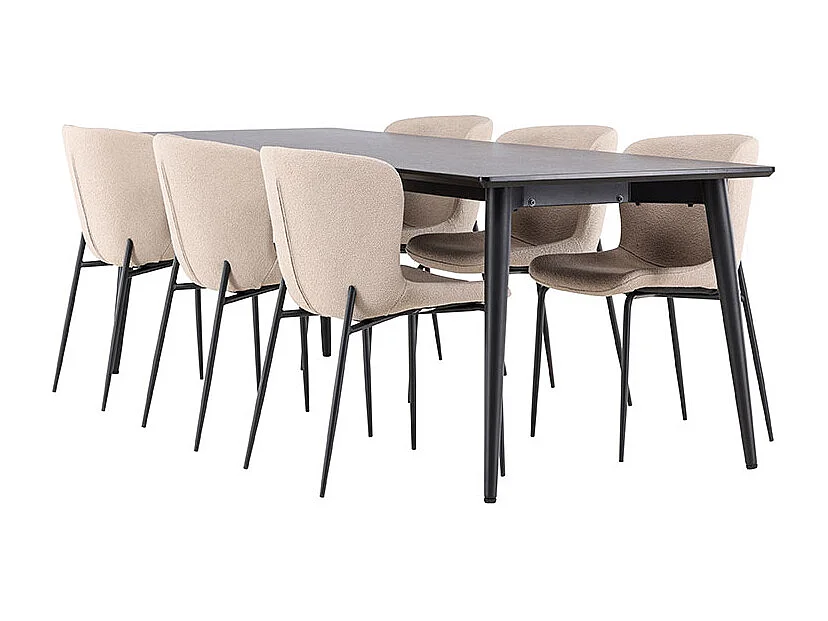 Ellis ensemble pour salle à manger table 85x230cm et 6 chaises bouclé noir.