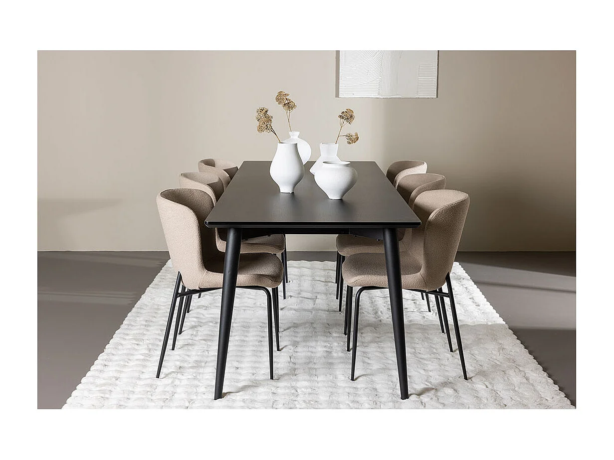 Ellis ensemble pour salle à manger table 85x230cm et 6 chaises bouclé noir.
