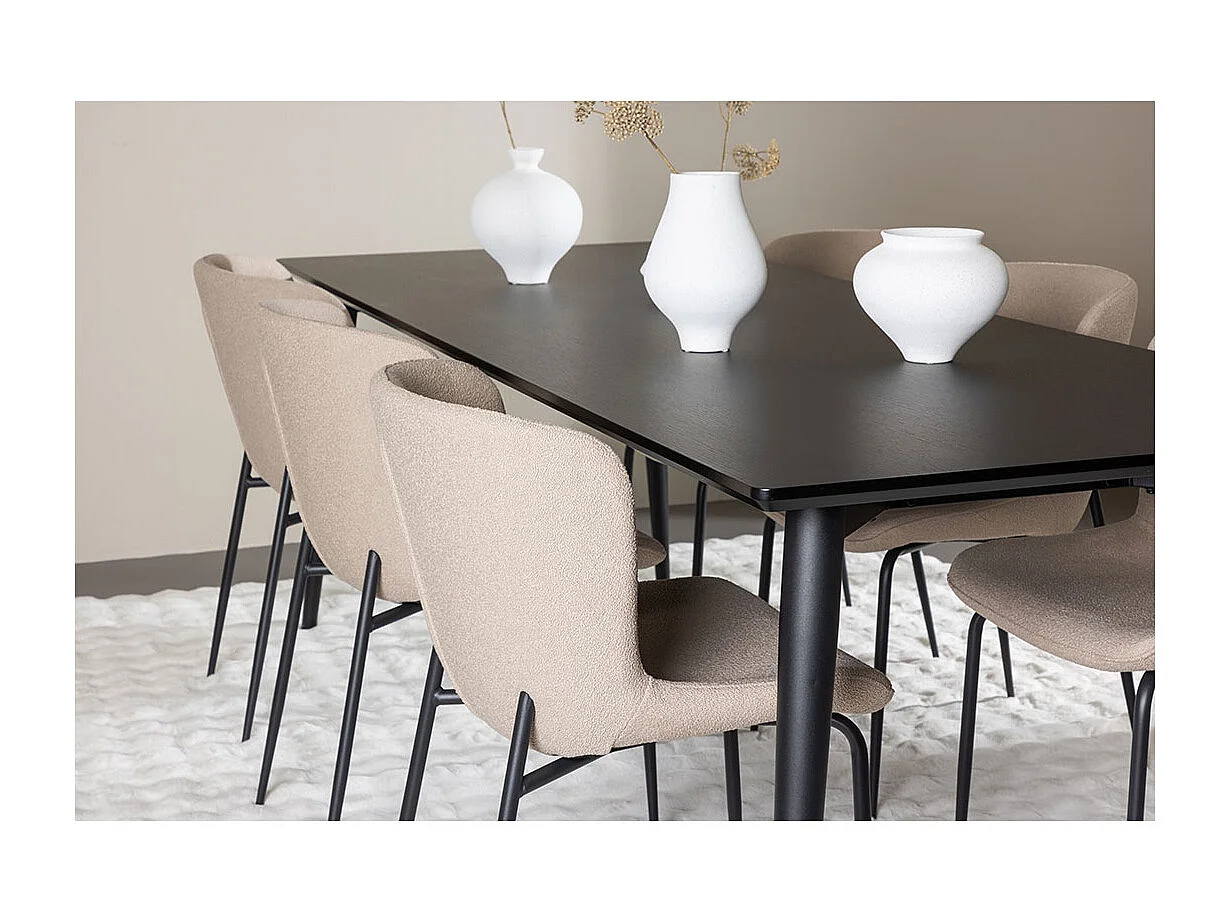 Ellis ensemble pour salle à manger table 85x230cm et 6 chaises bouclé noir.
