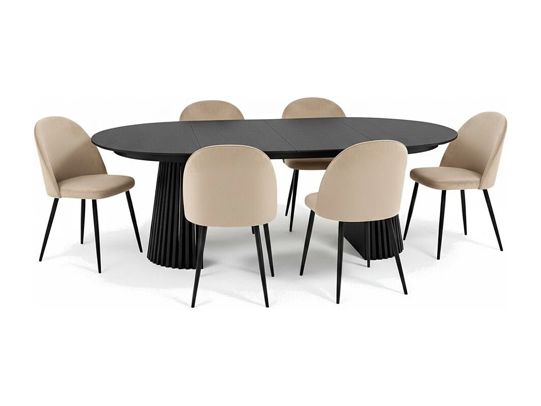 Tokyo ensemble de table à manger table à manger noir, 6 chaises en velours beige.