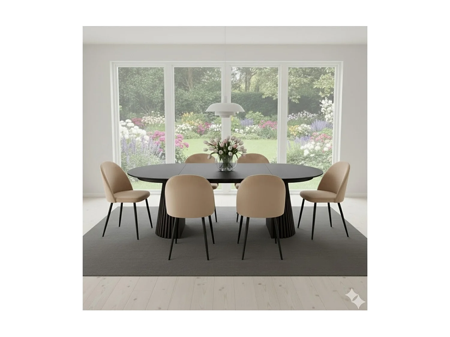 Tokyo ensemble de table à manger table à manger noir, 6 chaises en velours beige.