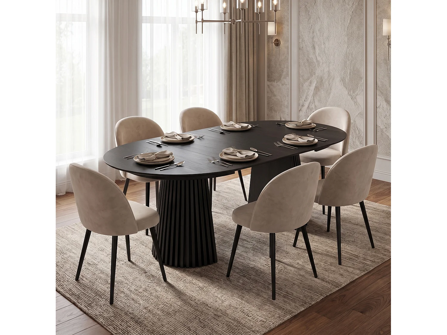 Tokyo ensemble de table à manger table à manger noir, 6 chaises en velours beige.