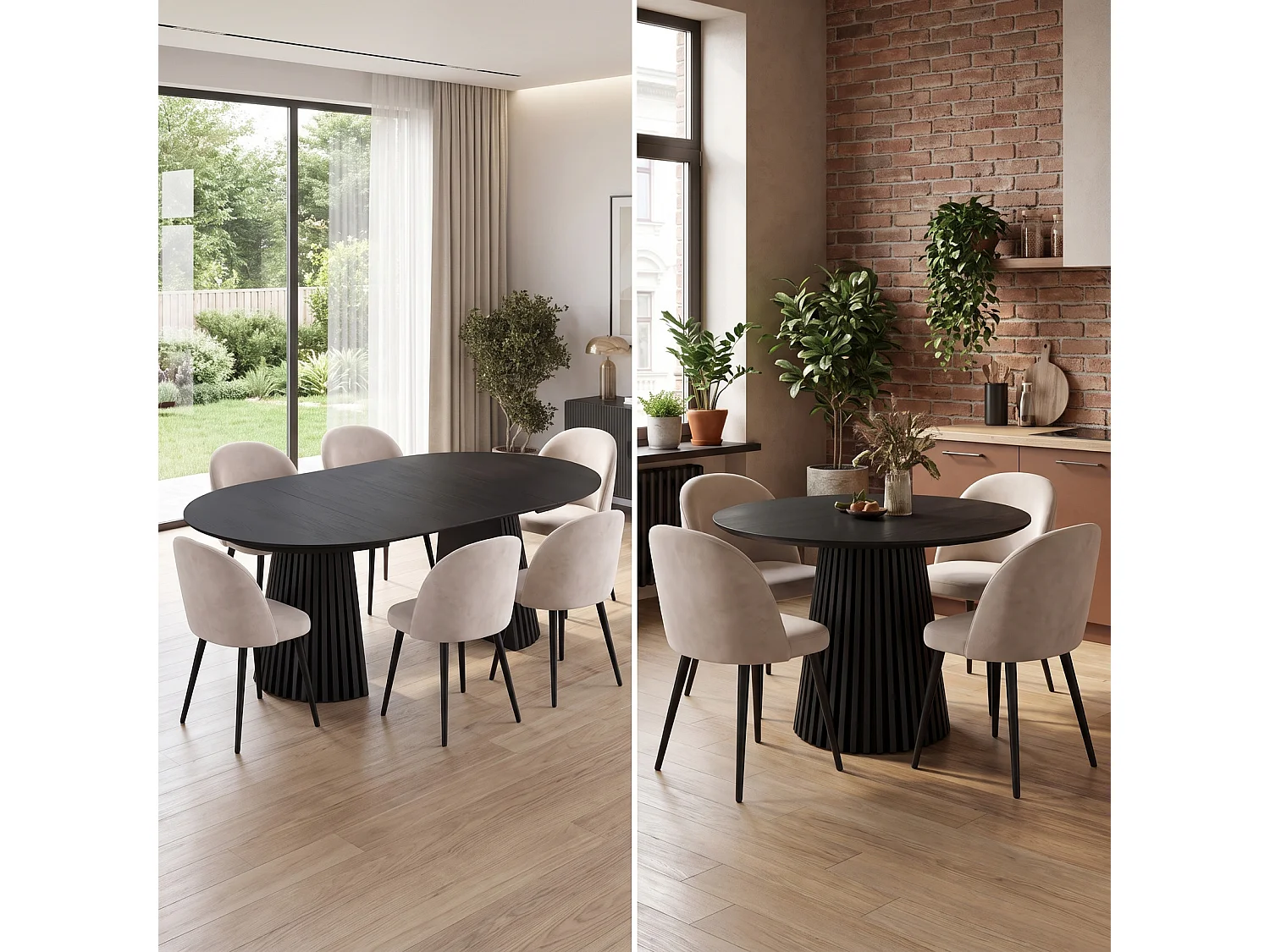 Tokyo ensemble de table à manger table à manger noir, 6 chaises en velours beige.