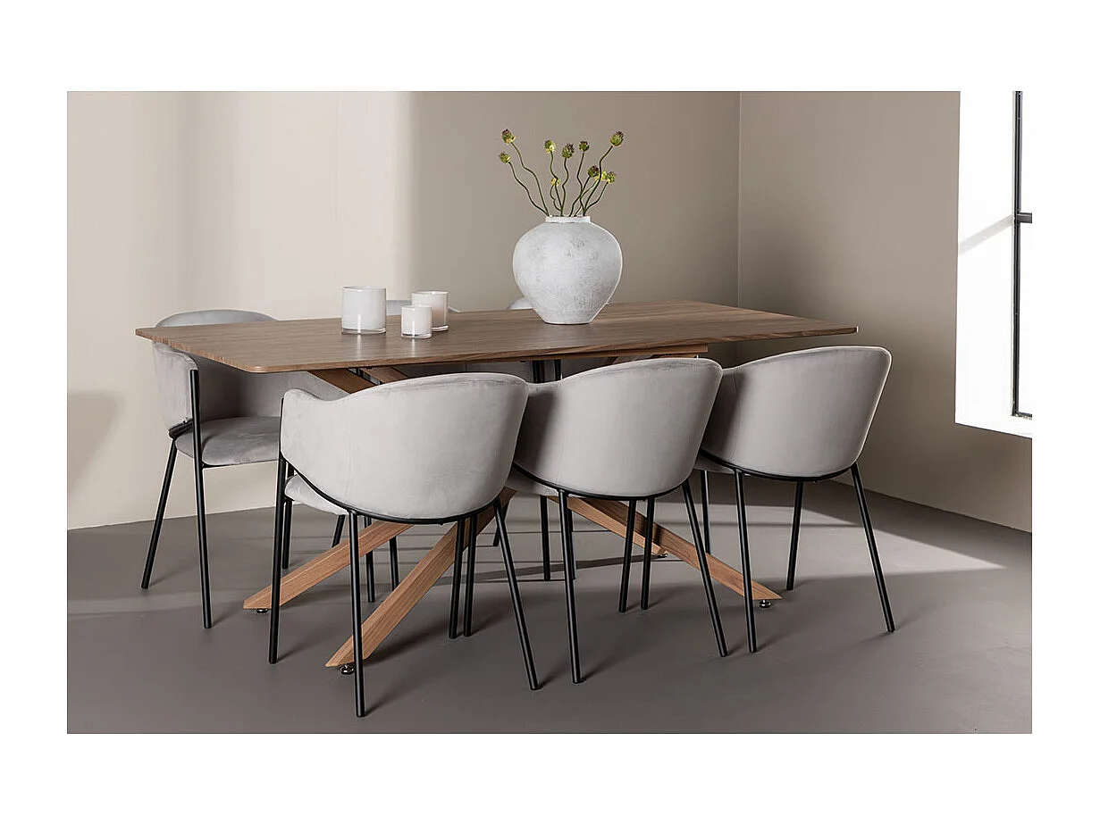 Piazza ensemble pour salle à manger table 90x180cm et 6 chaises velours avec accoudoirs mocca.