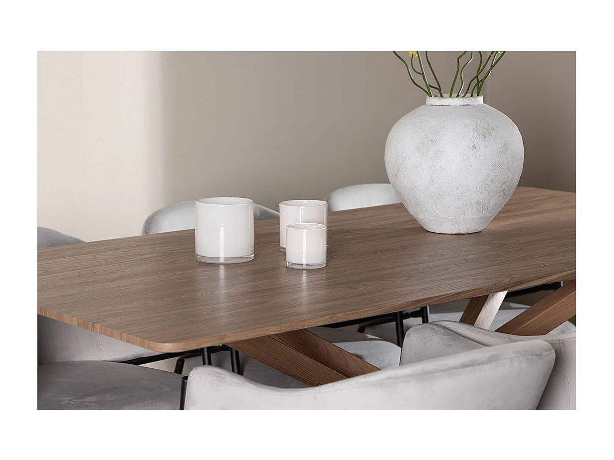 Piazza ensemble pour salle à manger table 90x180cm et 6 chaises velours avec accoudoirs mocca.