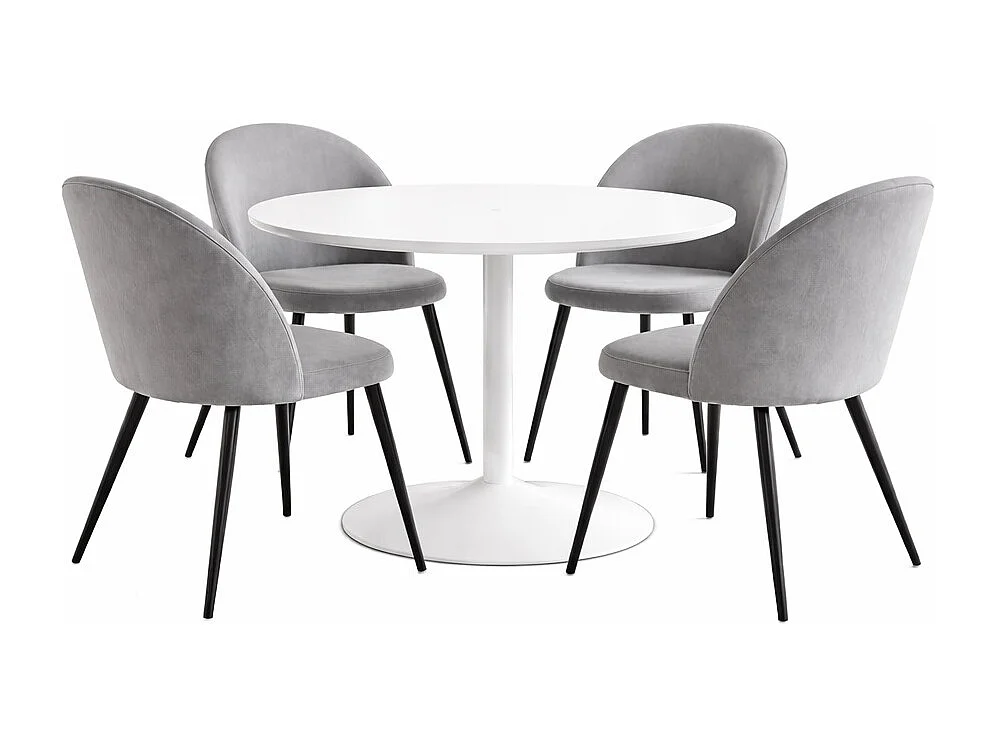 Carry ensemble pour salle à manger table Ø110cm, 4 chaises velours gris.