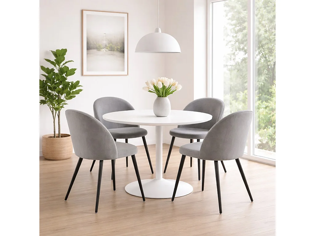 Carry ensemble pour salle à manger table Ø110cm, 4 chaises velours gris.