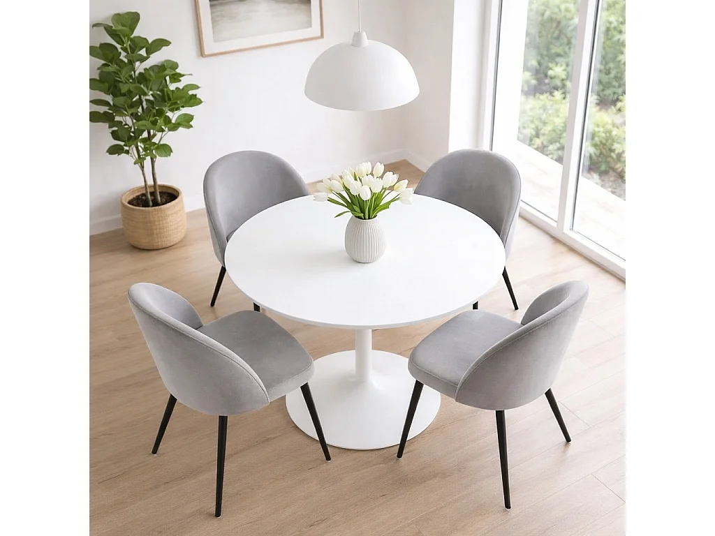 Carry ensemble pour salle à manger table Ø110cm, 4 chaises velours gris.