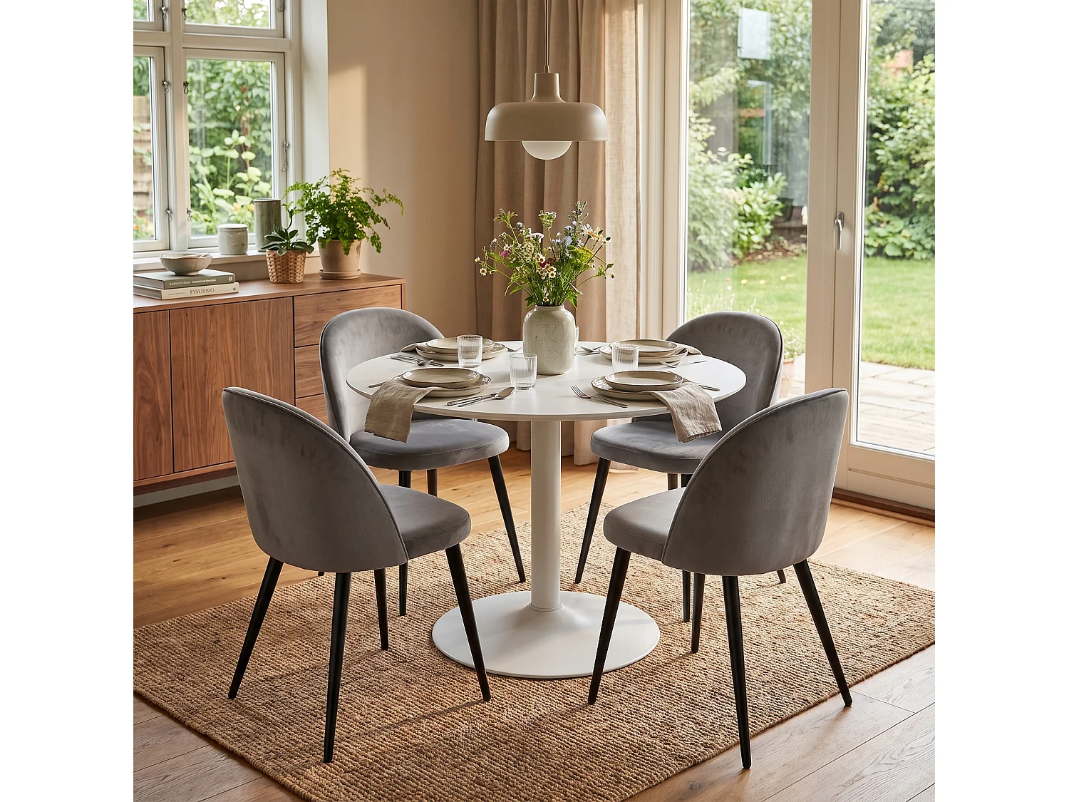 Carry eethoek tafel Ø110cm, 4 stoelen velours grijs.