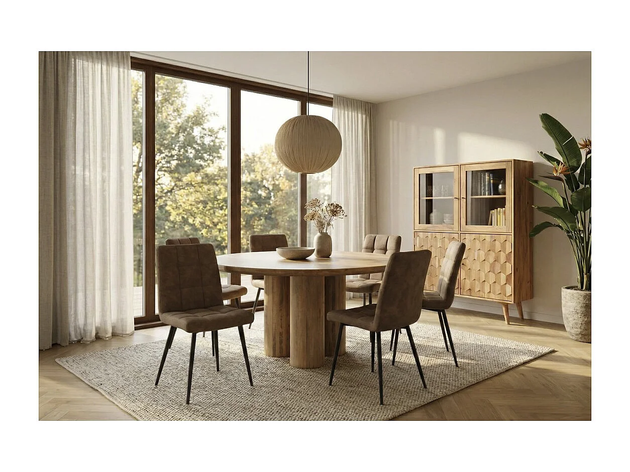 Table de salle à manger ORINO ronde 140 cm en bois massif de manguier – Table design avec pieds cylindriques