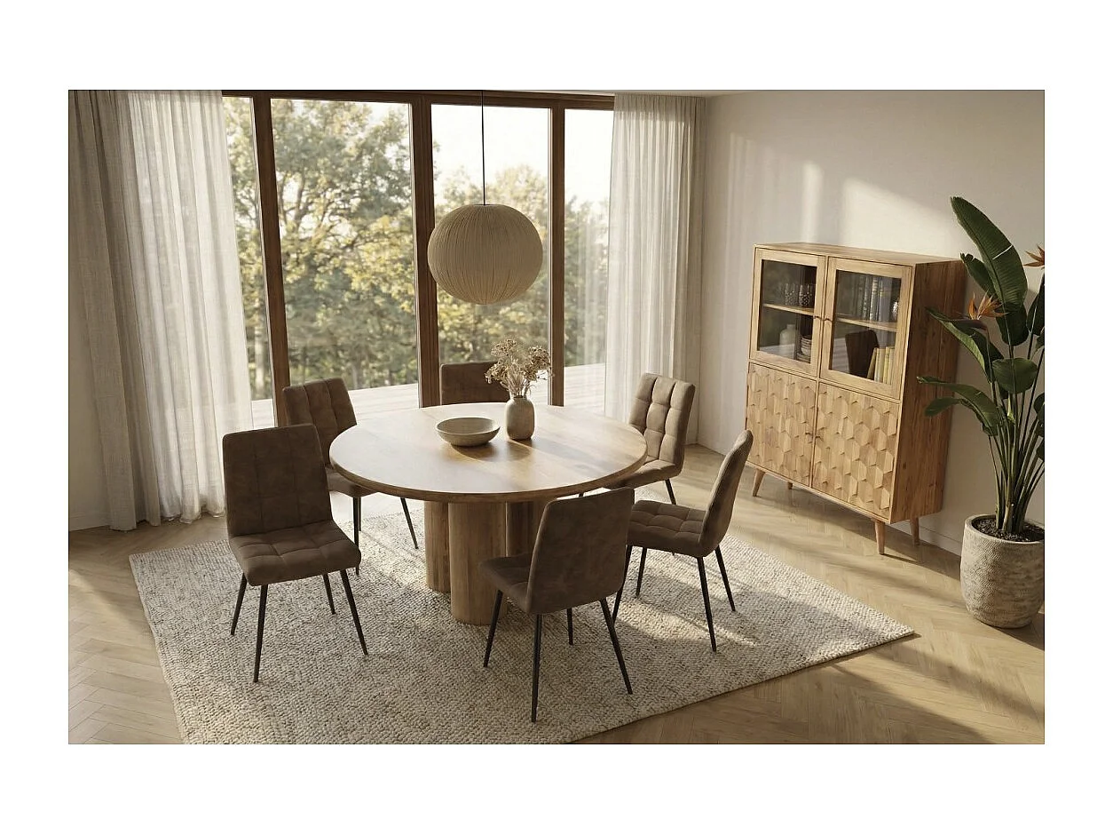 Table de salle à manger ORINO ronde 140 cm en bois massif de manguier – Table design avec pieds cylindriques