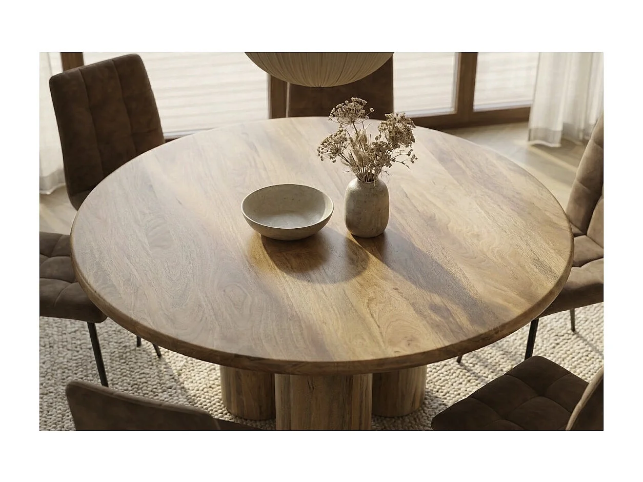 Table de salle à manger ORINO ronde 140 cm en bois massif de manguier – Table design avec pieds cylindriques