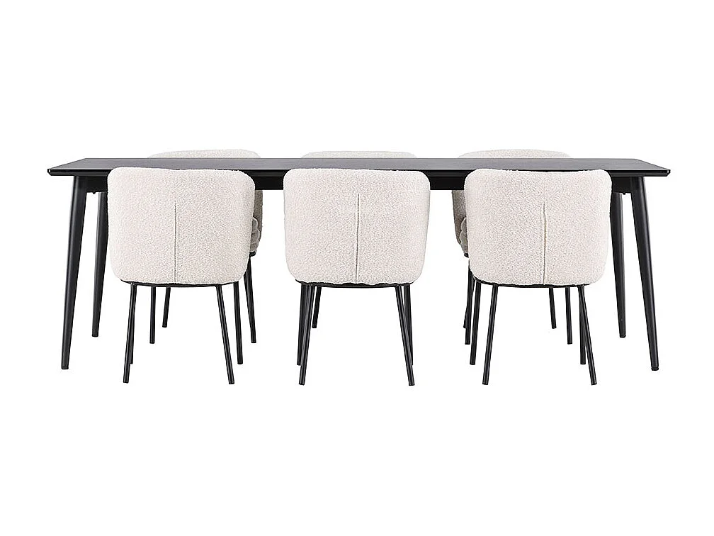 Ellis ensemble pour salle à manger table 85x230cm et 6 chaises bouclé noir.