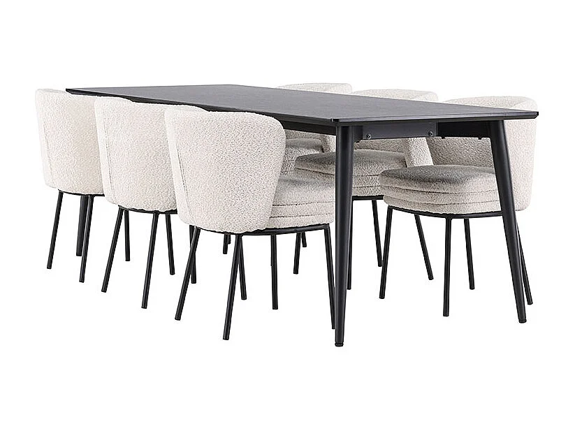 Ellis ensemble pour salle à manger table 85x230cm et 6 chaises bouclé noir.