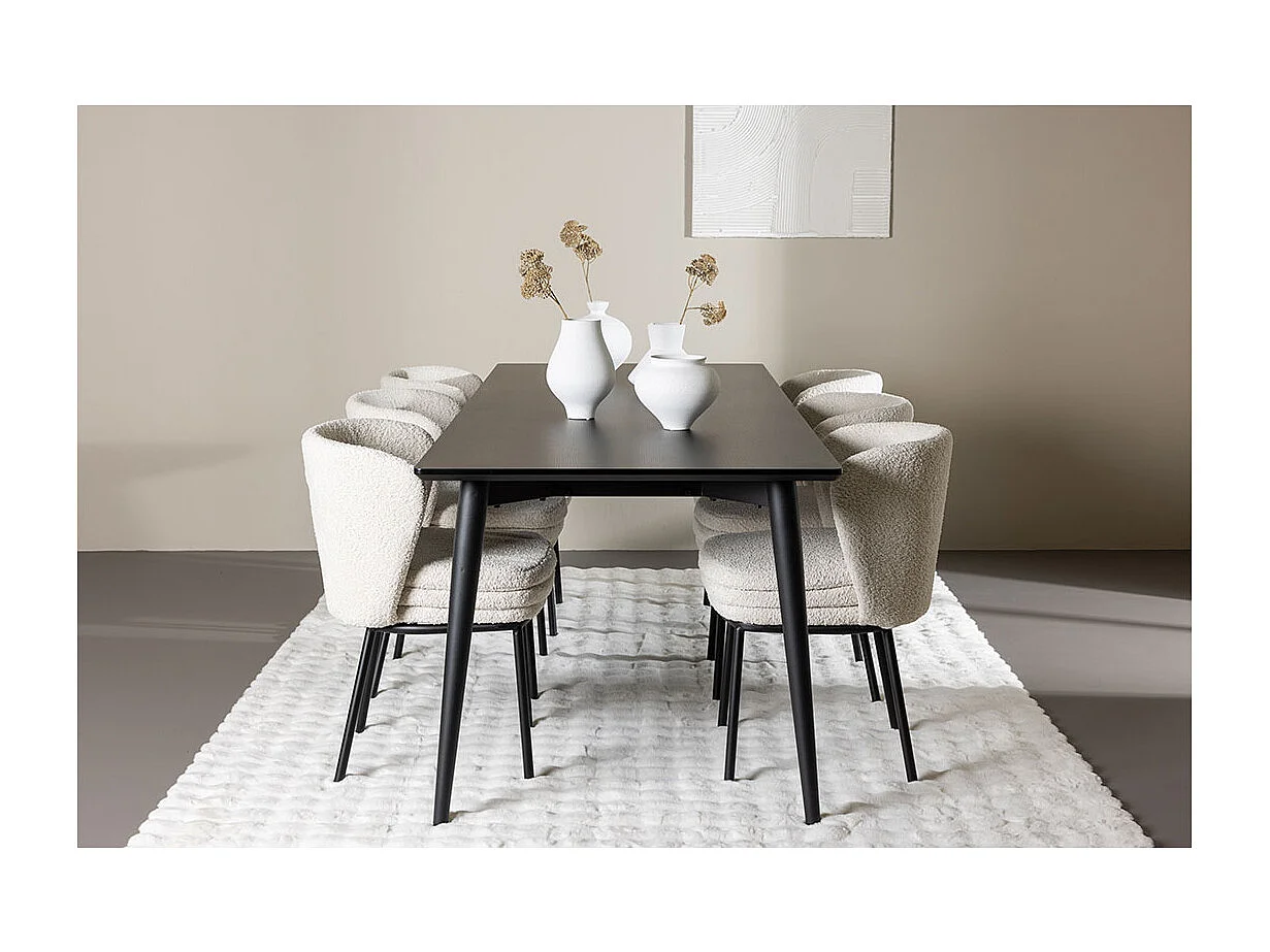 Ellis ensemble pour salle à manger table 85x230cm et 6 chaises bouclé noir.
