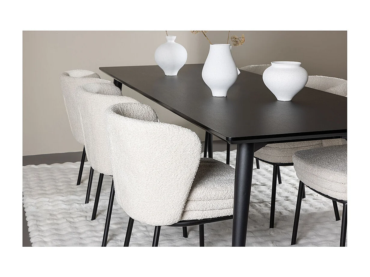 Ellis ensemble pour salle à manger table 85x230cm et 6 chaises bouclé noir.