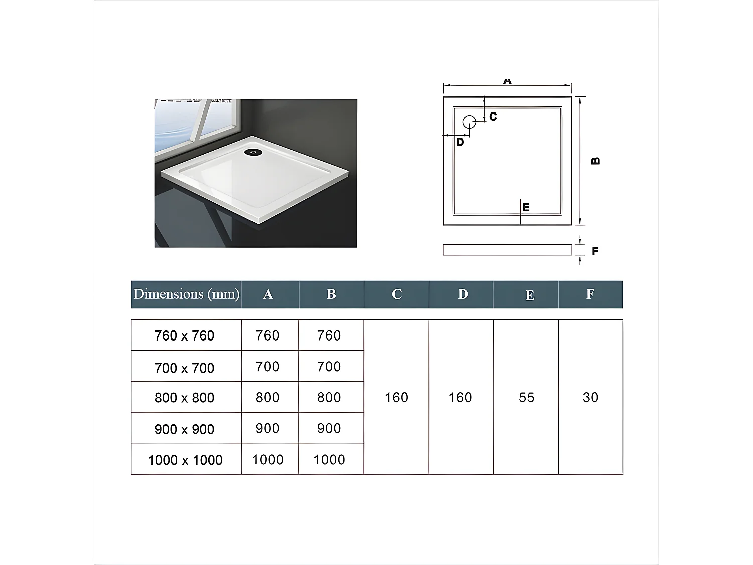 Receveur de douche blanc 70x70cm carré, Extra-plat, bac à douche avec kit de plinthe, 6 pieds, bonde de receveur et siphon 90cm