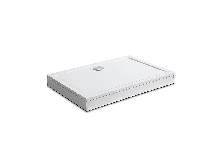 Witte douchebak 150x80cm rechthoekig, extra vlak, douchebak met plintset, 10 voet, douchebakafvoer en 90cm sifon