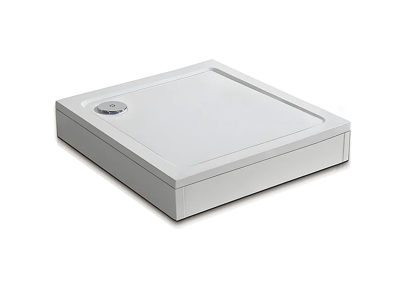 Receveur de douche blanc 80x80cm carré, Extra-plat, bac à douche avec kit de plinthe, 8 pieds, bonde de receveur et siphon 90cm