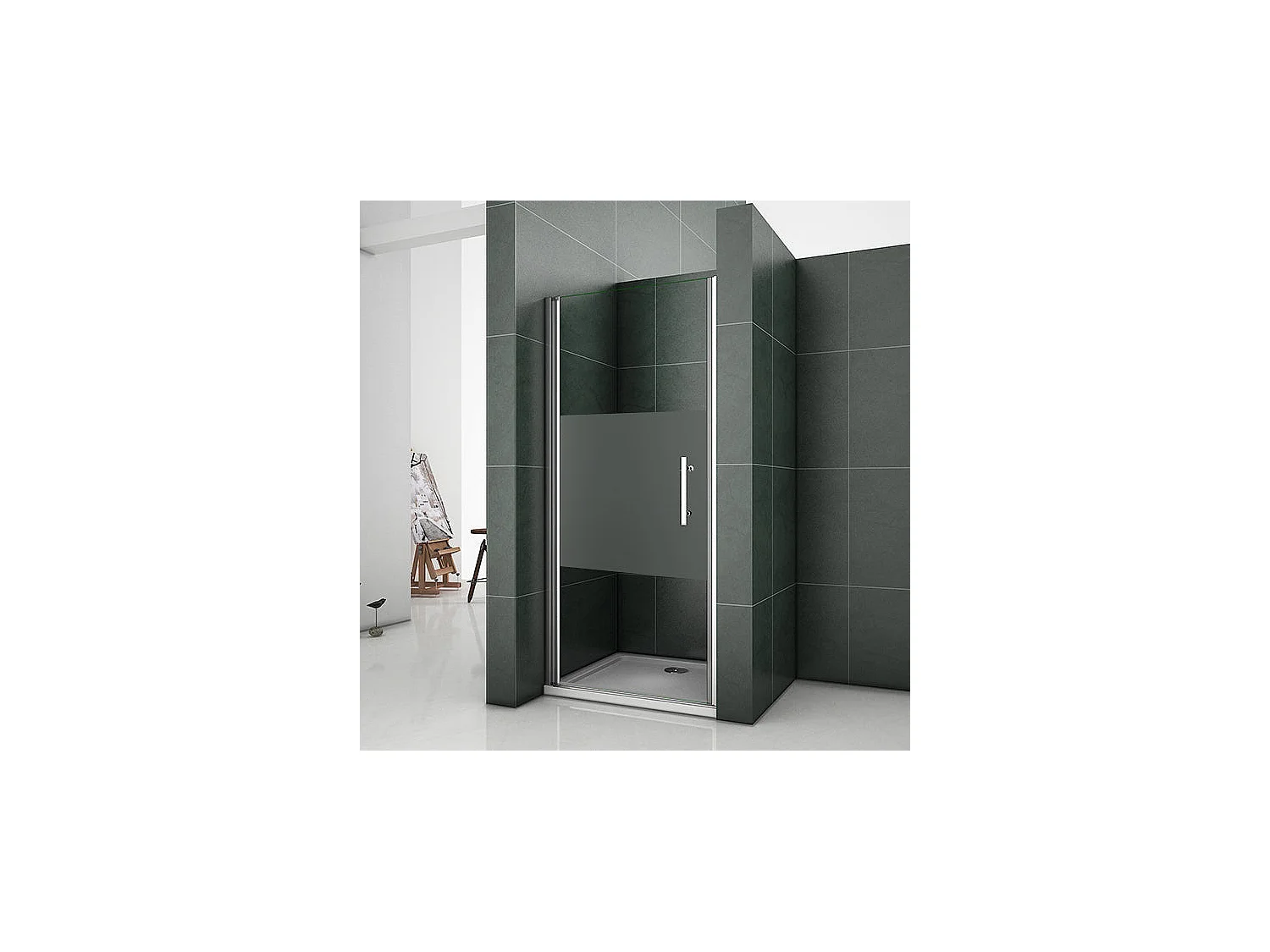 Porte de douche pivotante 100x185cm en niche en verre bande central dépoli anticalcaire Installation à Gauche