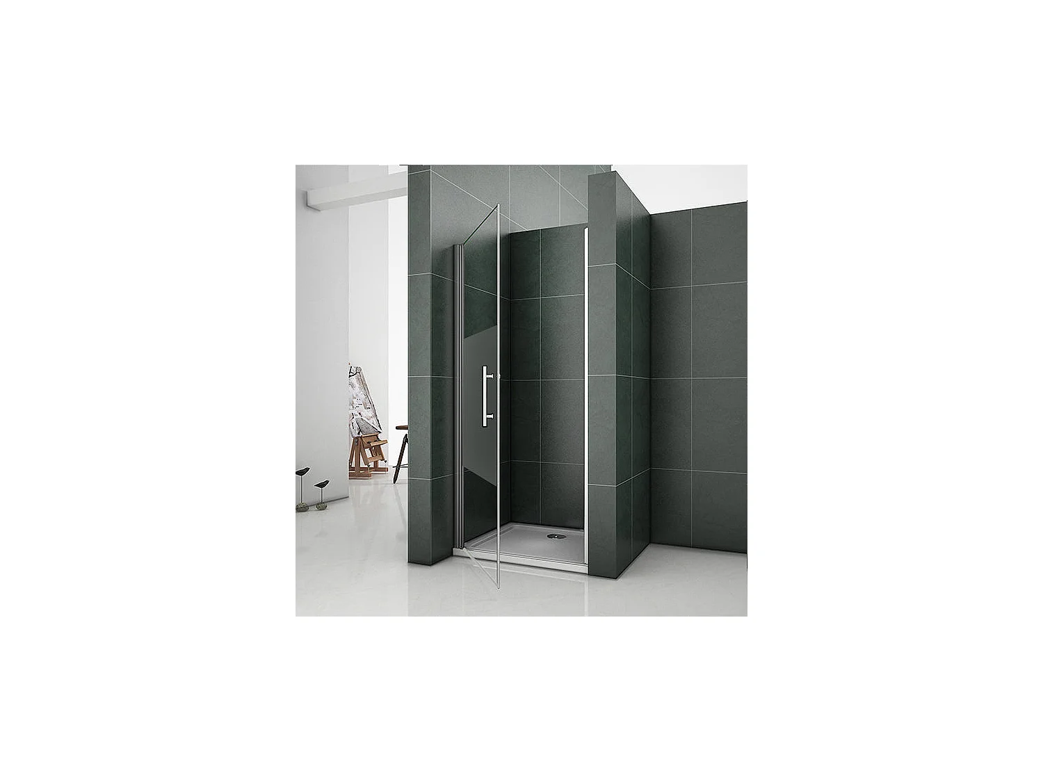 Porte de douche pivotante 100x185cm en niche en verre bande central dépoli anticalcaire Installation à Gauche