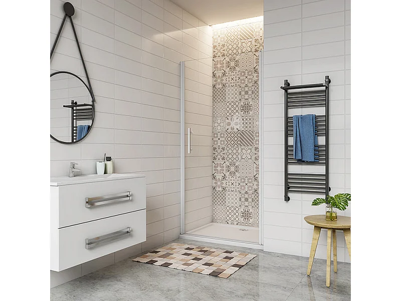 Porte de douche pivotante 100x185cm profilé blanc en verre de sécurité et transparent